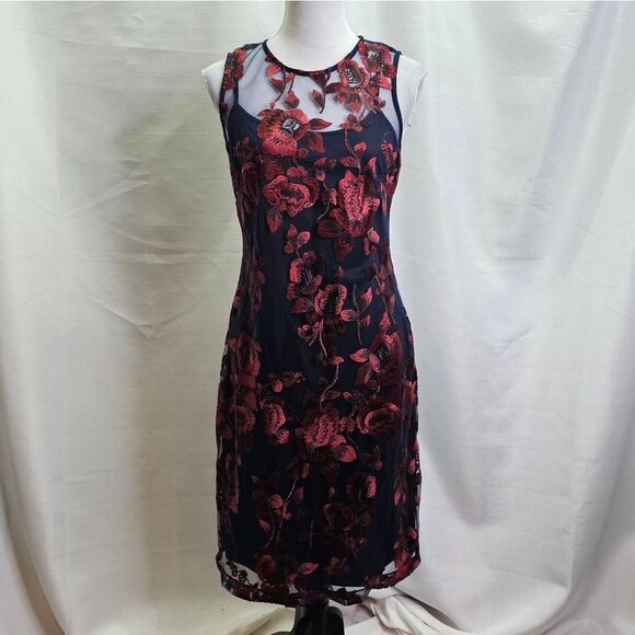 Donna Ricco Blue and Red Floral Embroidered Sheath Dress Size 8 - Picture 2 of 12
